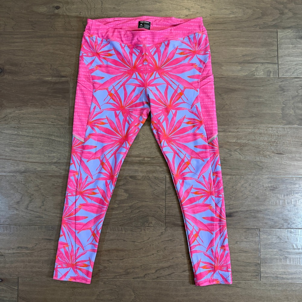 Tri Sirena Womens XL Pink‎ Purple Tropical Palm Print Athletic Leggings Pockets